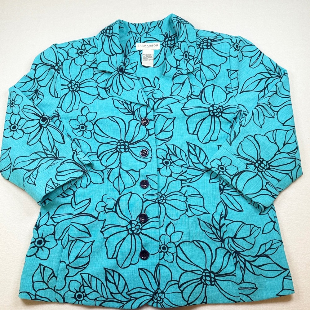 Sag Harbor Dress Womens Turquoise Blue Black Floral Blazer Top Size 16 20-82124